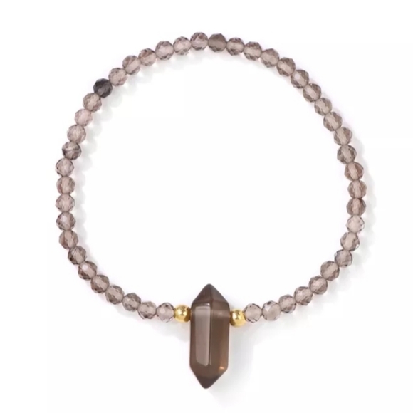 Smoky Quartz Gemstone Bracelet with Hexagonal Charm, Round Beaded - Picture 2 of 2